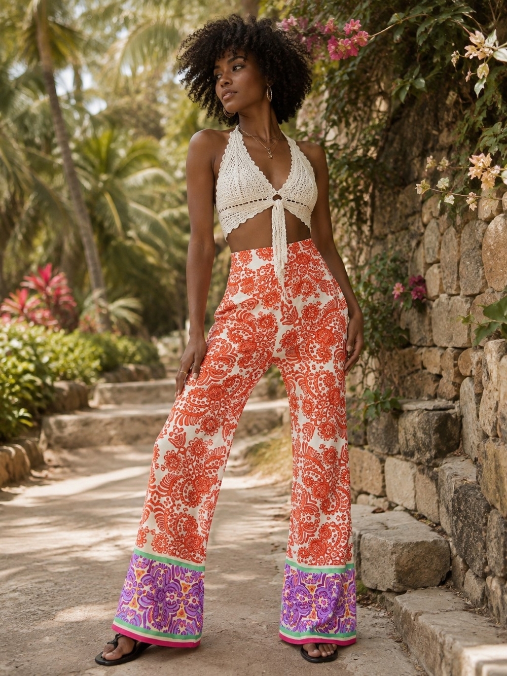 Zara Thai Print Palazzo Pants, Elastic Waist, Size Medium New